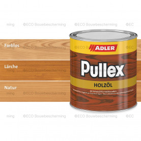 Blik Adler Pullex Holzöl van 750 ml naast een kleurenkaart met beschikbare tinten.