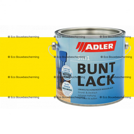 Blik Adler Buntlack 5in1 RAL 1021: "Adler Buntlack 5in1 lakverf in koolzaadgeel, geschikt voor hout, metaal en kunststof." 