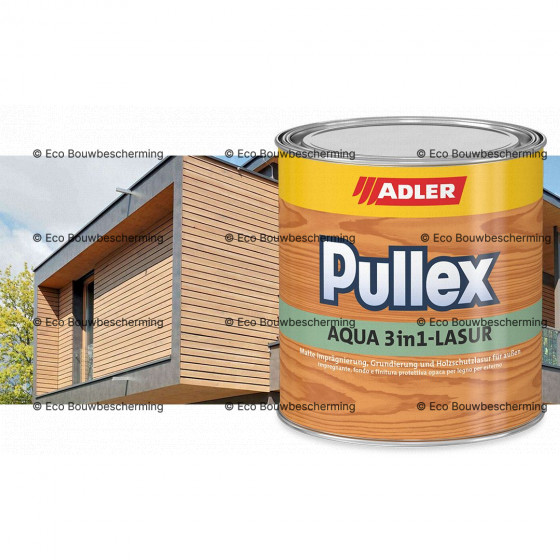 Verpakking van 750 ml Adler Pullex Aqua 3in1-Lasur, een watergedragen impregneerlazuur voor buitenhouten oppervlakken