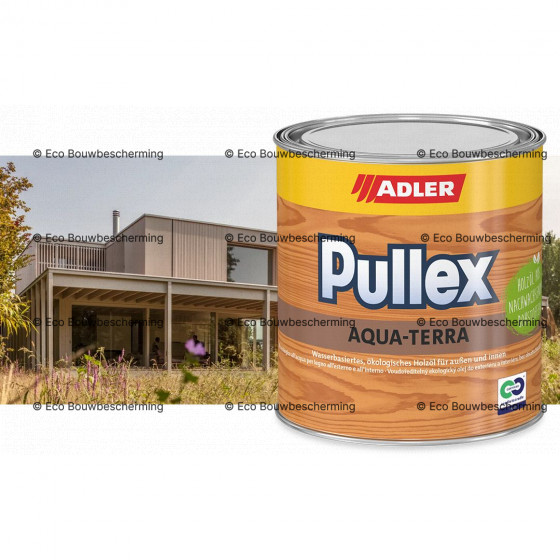Afbeelding van een 750ml verpakking van Adler Pullex Aqua Terra, een watergedragen houtbeschermingsmiddel voor diverse houttoepassingen.