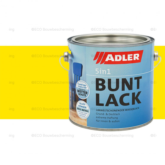 Blik Adler Buntlack 5in1 RAL 1021: "Adler Buntlack 5in1 lakverf in koolzaadgeel, geschikt voor hout, metaal en kunststof." 