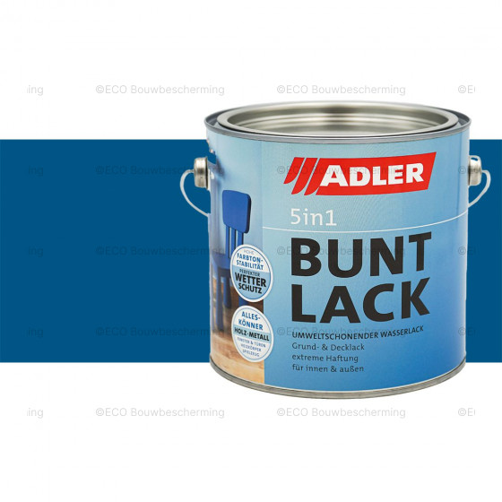 Blik Adler Buntlack 5in1 in RAL 5010 Gentiaanblauw – 2,5 liter verpakking."