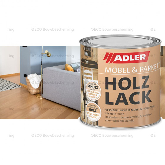 Verpakking van 750ml Adler hout- en parketlak, ideaal voor het beschermen van houten vloeren en meubels tegen slijtage