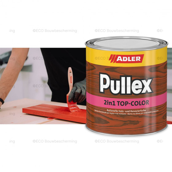 Adler Pullex 2in1 Top-Color 750ml flacon, een sneldrogende en weerbestendige verf voor houten oppervlakken, verkrijgbaar bij Eco Bouwbescherming