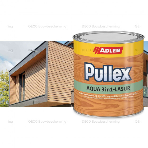 Verpakking van 750 ml Adler Pullex Aqua 3in1-Lasur, een watergedragen impregneerlazuur voor buitenhouten oppervlakken