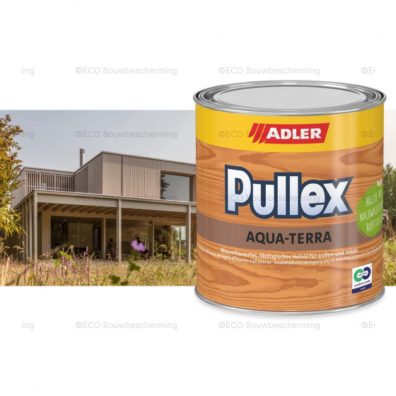 Afbeelding van een 750ml verpakking van Adler Pullex Aqua Terra, een watergedragen houtbeschermingsmiddel voor diverse houttoepassingen.