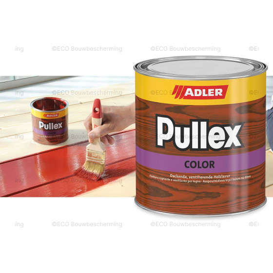 Verpakking van de 750ml Adler Pullex Color lakverf, geschikt voor houtbehandeling en bescherming.