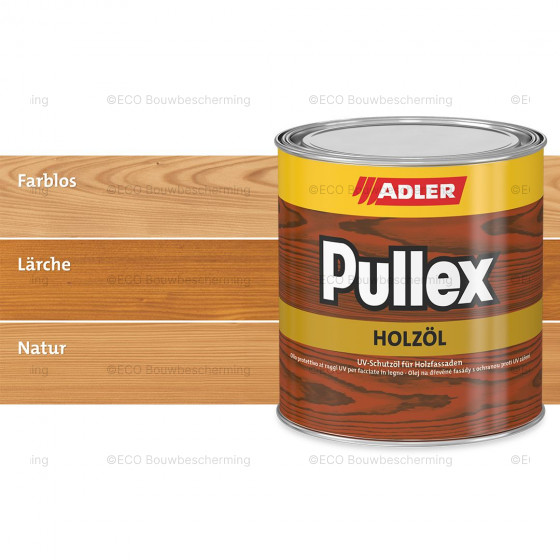 Blik Adler Pullex Holzöl van 750 ml naast een kleurenkaart met beschikbare tinten.