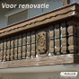 Houten balkon vóór renovatie met zichtbare verwering en verkleuring. 