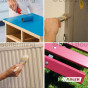 Overzicht van verschillende toepassingen van Adler Varicolor verf op hout, metaal en PVC.